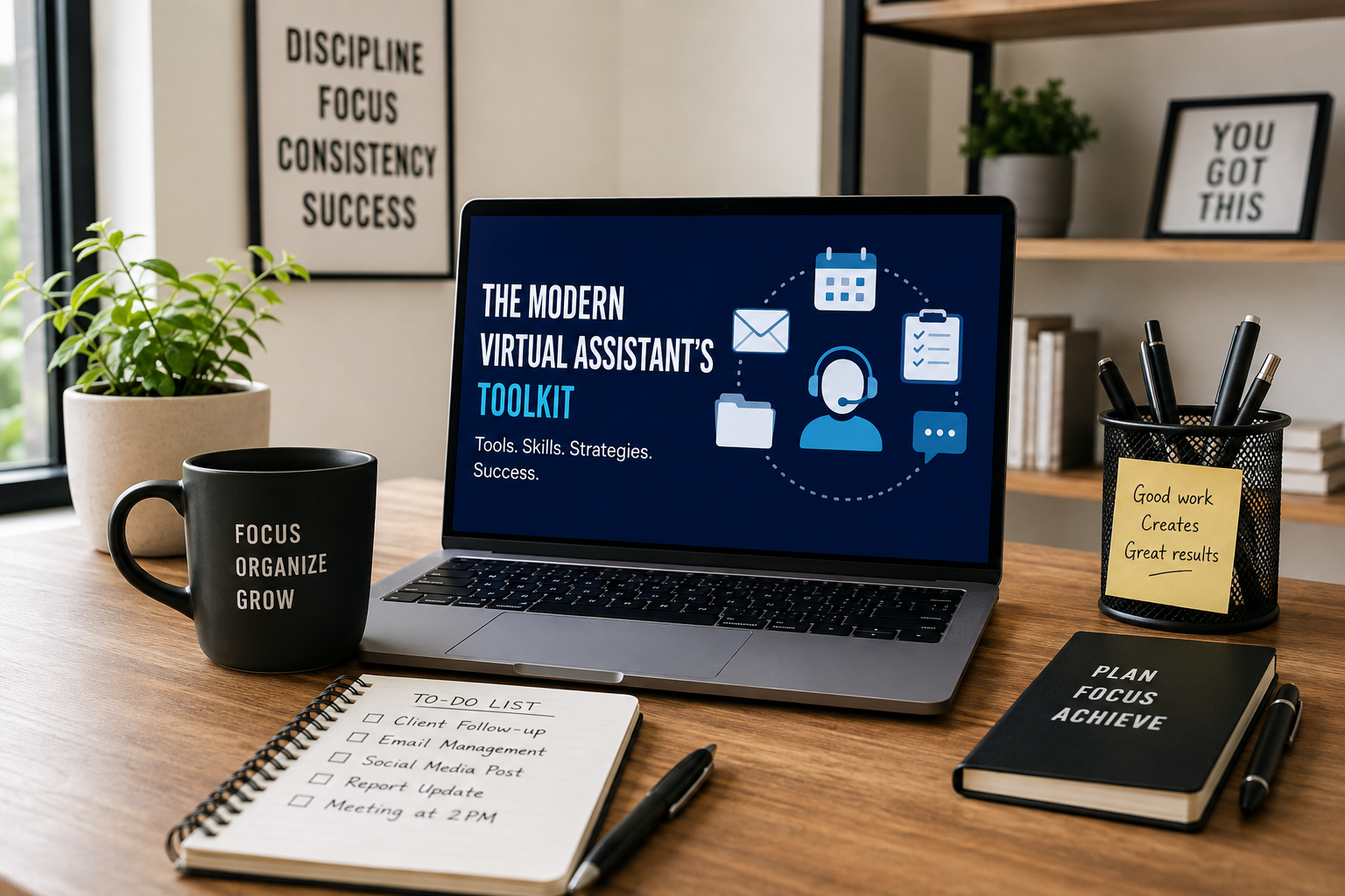 Modern virtual assistant desk setup